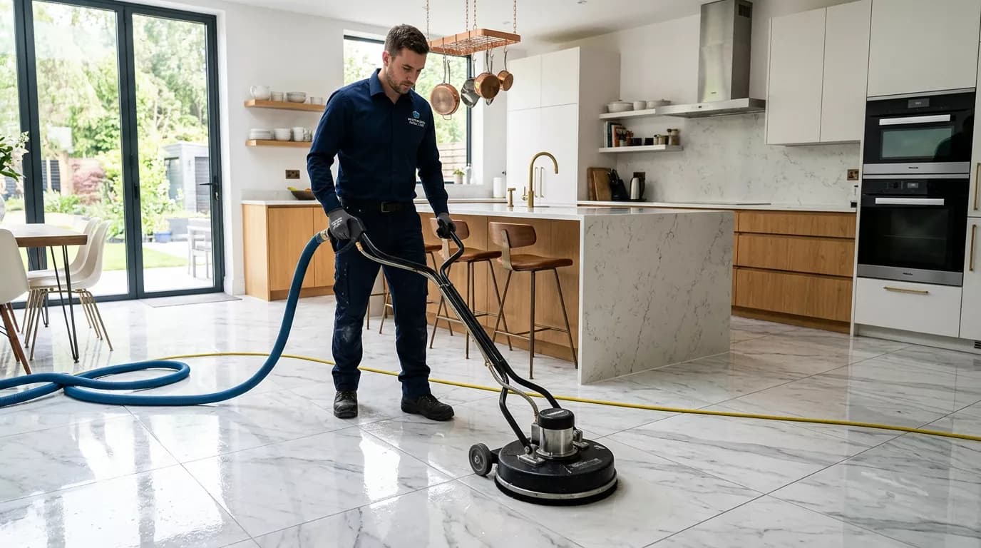 High-pressure tile and grout cleaning on a ceramic floor