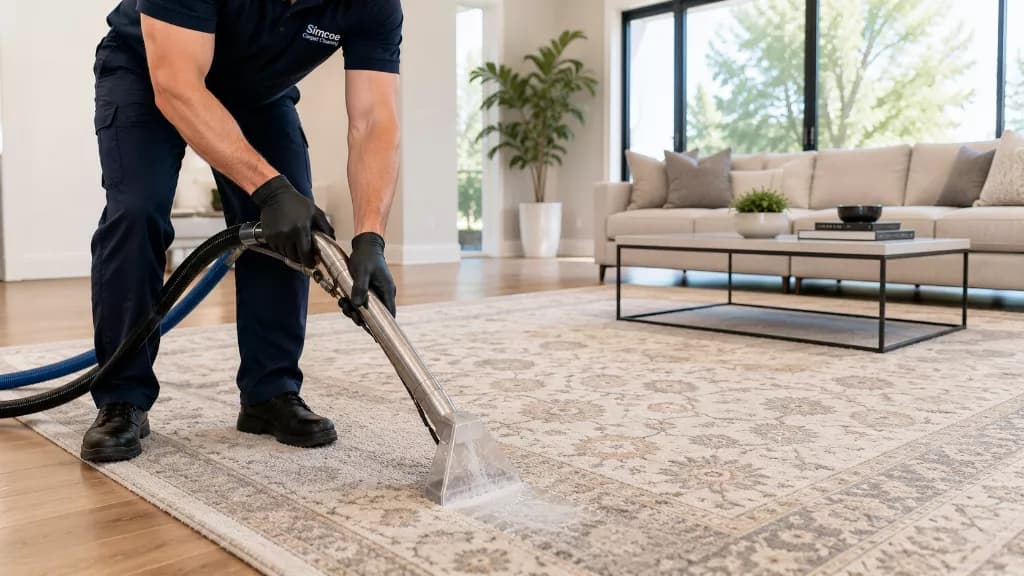 Technician carefully cleaning an area rug